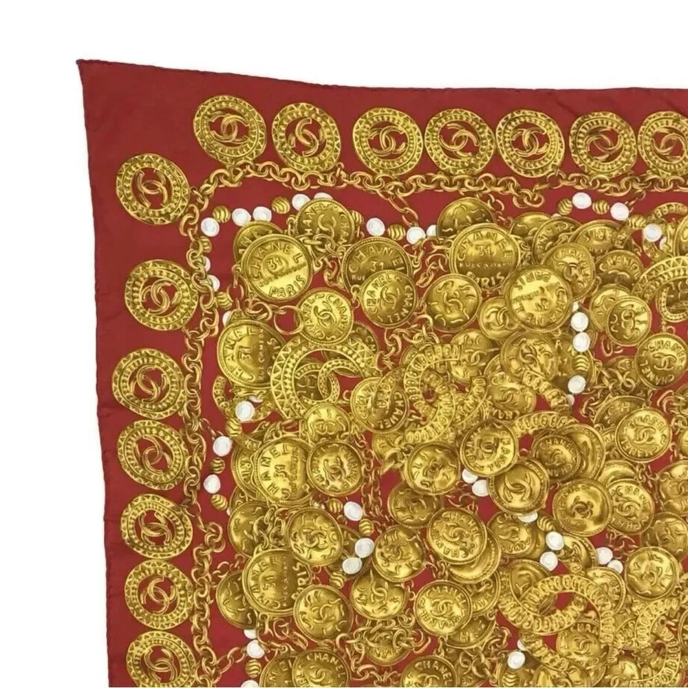 CHANEL Vintage CC Logo Jewelry Pattern Red & Gold Scarf
